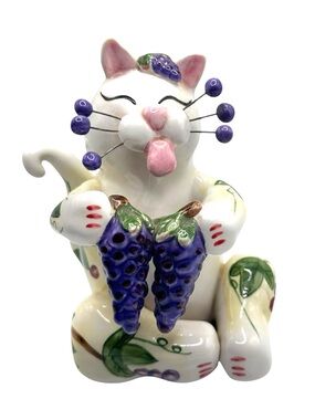 VTG Amy Lacombe Whimsiclay Y2K  Cat Figurine RARE Purple Grapes Wire Whiskers